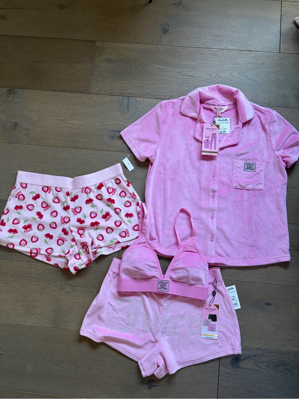 Juicy Couture Pink Velvet Rhinestone Bralette & Shorts Set